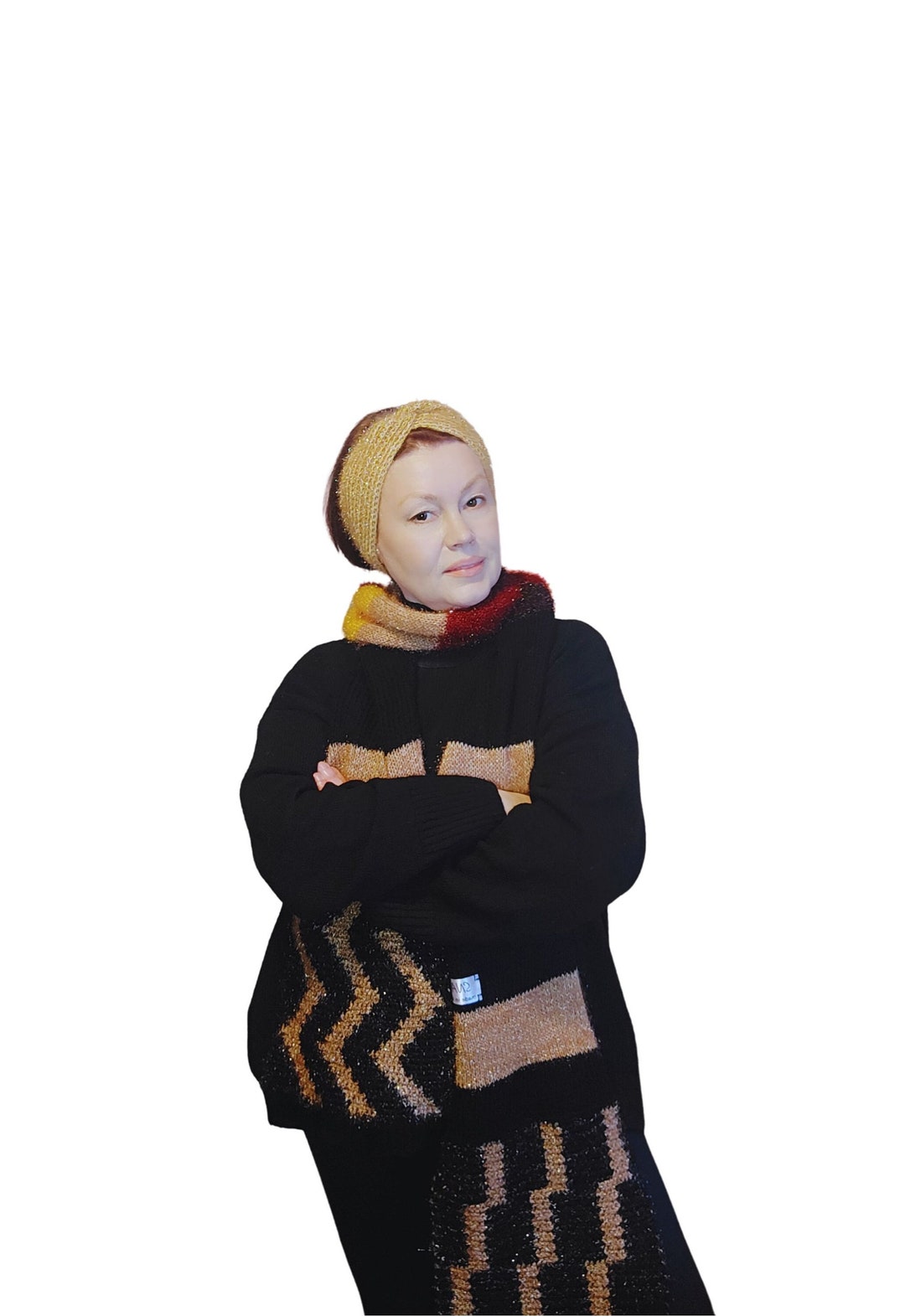 Glamorous Glitter Crochet Headband and Long Scarf Set, Spring Knitted