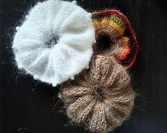 Crochet Scrunchies Set of 3. Mohair Oversized Scrunchie Trio. Fashion gift for her. Rainbow Jumbo Scrunchie pack. Bead Hair Ties Set of 3.