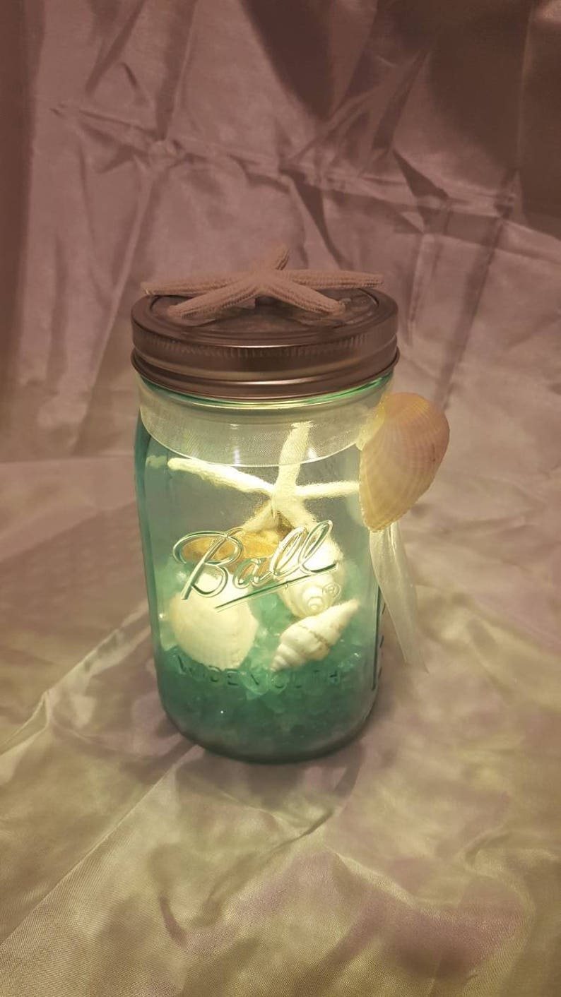 Lighted Seaside Mason Jar Centerpiece Turquoise Painted Etsy