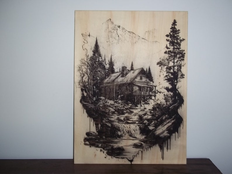 Realistic Art Scenic Rustic Mountain Cabin Creek Trees Wood Burning