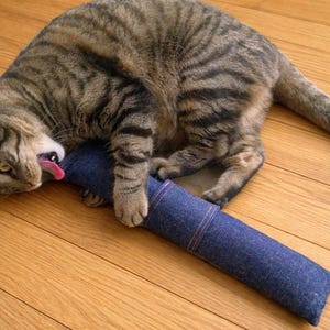 Refillable 15" Denim Catnip Kicker Toy – Long Cat Kick Stick for Cats, Kittens – Handmade USA Dark Denim