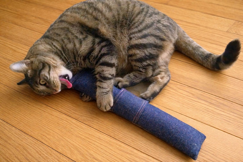Refillable 15" Denim Catnip Kicker Toy – Long Cat Kick Stick for Cats, Kittens – Handmade USA Dark Denim
