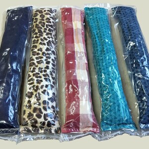 May include: Five individually packaged and sealed catnip toys. The toys are in clear plastic bags and feature different patterns: blue, leopard print, red plaid, blue and green, and solid blue.