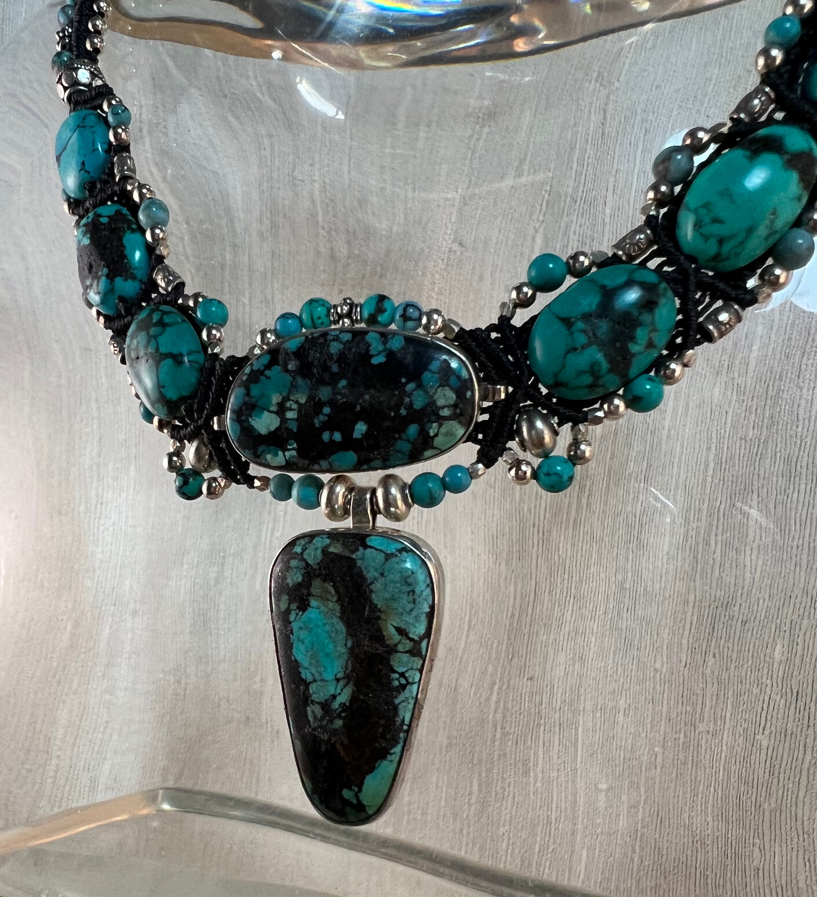 Beautiful Turquoise and Sterling Silver Black Macrame Necklace - Etsy