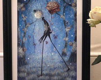 Original Moon Drawing - Pop Surrealism - Surreal Wall Art - Fantasy Illustration - Whimsical Wall Art - Cozy Home Decor - Whimsigoth Decor