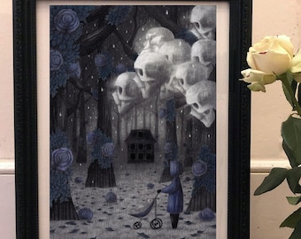 Original Gothic Drawing - Dark Academia Art - Spooky Drawing - Moody Wall Art - Creepy Cute Art - Surreal Art - Whimsigoth Decor - Lowbrow
