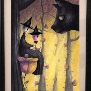 May include: A framed illustration of two witches sitting on a flower in a forest with a black cat watching them. The witches are wearing black hats and dresses. The forest is filled with yellow flowers and trees.