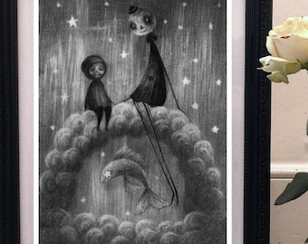 Stampa artistica stravagante - Arte murale con luna - Stampe artistiche fantasy - Arte pop surrealista - Stampa artistica surrealista - Decorazione per la stanza kawaii - Atmosfere accoglienti