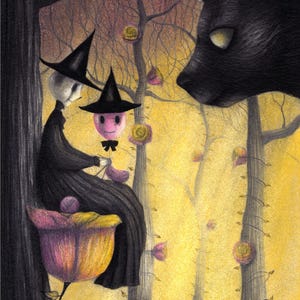 May include: Two witches in black hats and dresses sit in a forest setting, one knitting with a pink yarn ball. A black cat with yellow eyes watches them from the right side of the image. The background is a yellow-toned forest with pink flowers.