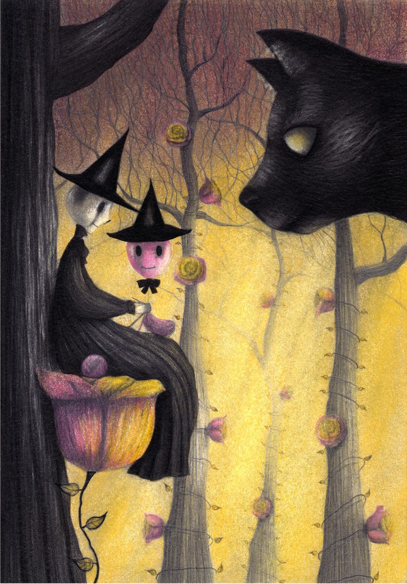 May include: Two witches in black hats and dresses sit in a forest setting, one knitting with a pink yarn ball. A black cat with yellow eyes watches them from the right side of the image. The background is a yellow-toned forest with pink flowers.