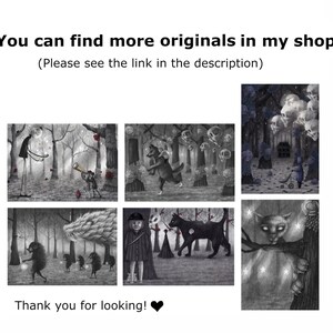 May include: Six black and white illustrations of a dark forest with various creatures and characters. The illustrations are in a grid format with three rows and two columns. The illustrations include a tall figure with a long coat, a wolf-like creature, a girl with a hat, a black cat, a creature with a long snout, and a creature with a long tail.