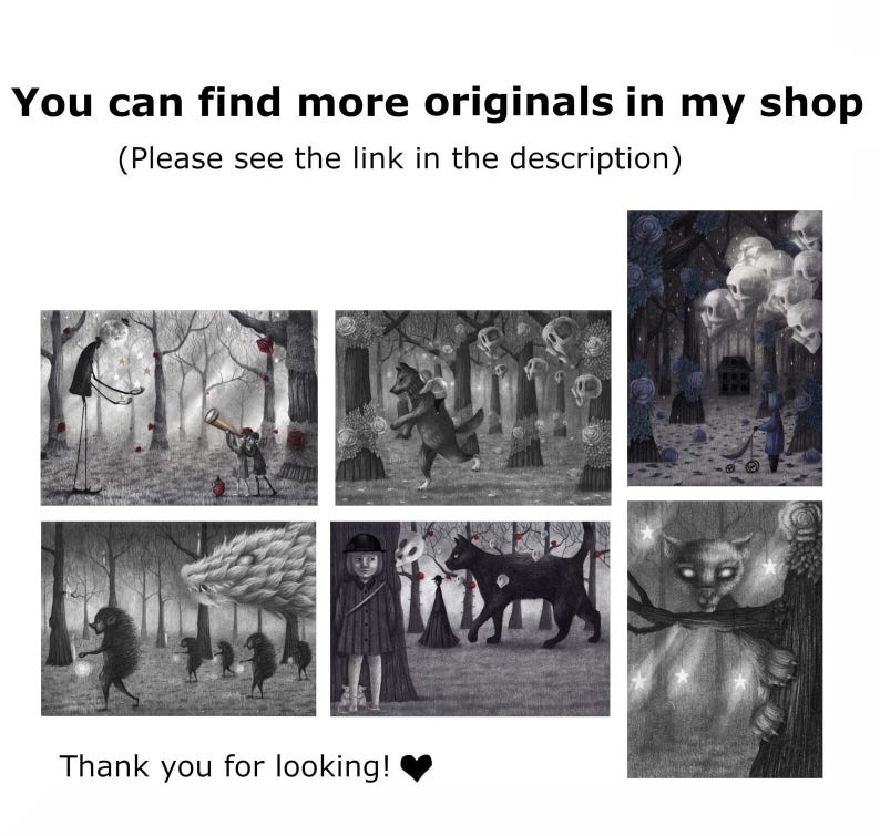 May include: Six black and white illustrations of a dark forest with various creatures and characters. The illustrations are in a grid format with three rows and two columns. The illustrations include a tall figure with a long coat, a wolf-like creature, a girl with a hat, a black cat, a creature with a long snout, and a creature with a long tail.