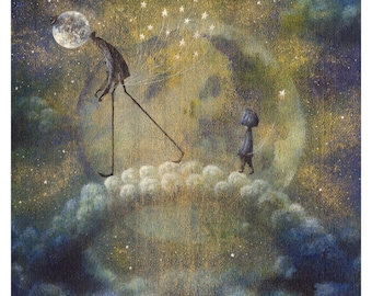 Stampa artistica stravagante - Arte murale con luna - Stampe artistiche fantasy - Arte pop surrealista - Stampa artistica surrealista - Decorazione per la stanza kawaii - Atmosfere accoglienti