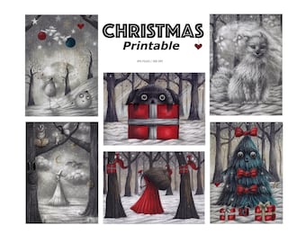 Christmas Printable Postcards - Creepmas Printable - Creepy Cute Art - Pop Surrealism - Digital Christmas Cards - Whimsical Christmast Art