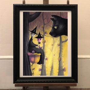 May include: A framed illustration of two witches sitting on a flower in a forest. The witches are wearing black robes and pointy hats. A black cat is looking at them from the right side of the image.