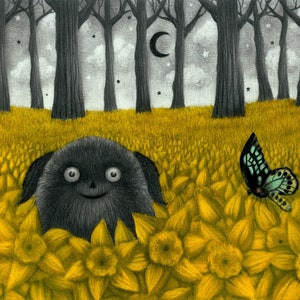 May include: A black furry creature with a wide smile peeks out from a field of yellow daffodils. A blue and green butterfly rests on the flowers in the background. The scene is set in a dark forest with a crescent moon in the sky.