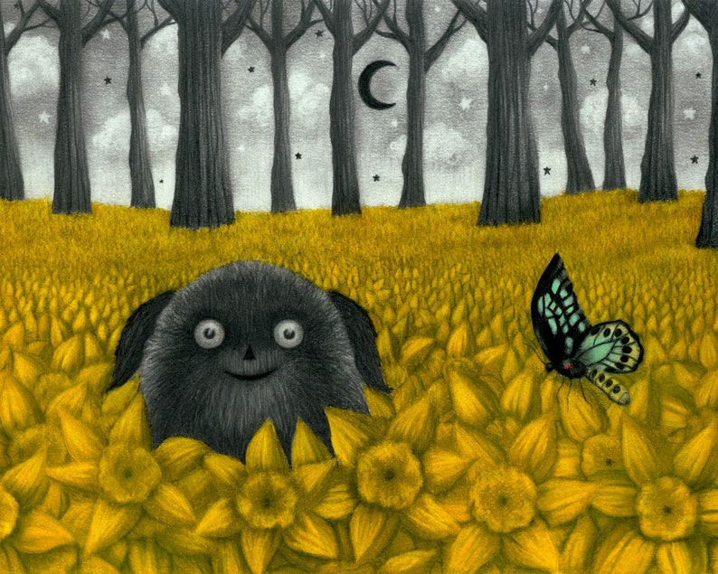 May include: A black furry creature with a wide smile peeks out from a field of yellow daffodils. A blue and green butterfly rests on the flowers in the background. The scene is set in a dark forest with a crescent moon in the sky.
