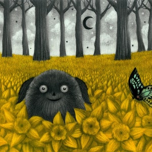 May include: A black furry creature with large eyes peeks out from a field of yellow daffodils. A blue and green butterfly rests on a flower in the background. The scene is set in a dark forest with a crescent moon and stars in the sky.