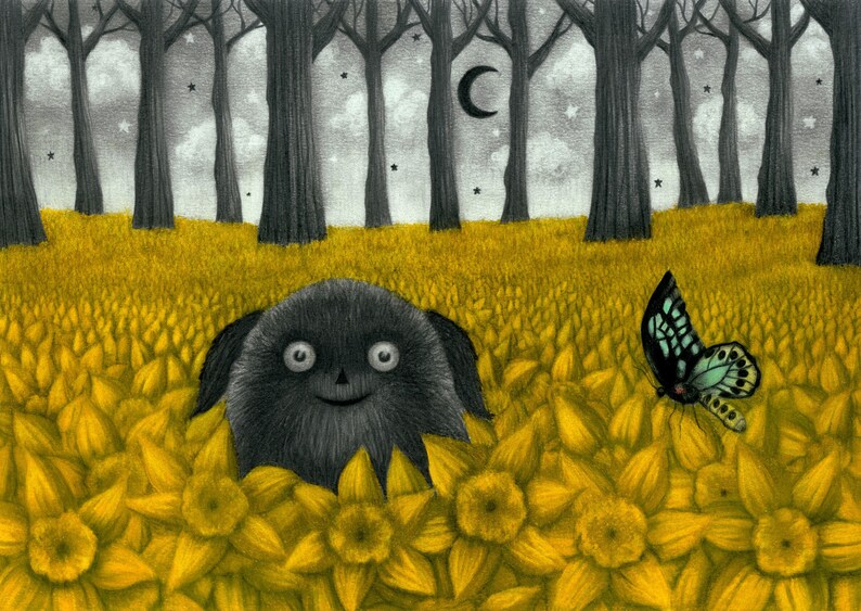 May include: A black furry creature with large eyes peeks out from a field of yellow daffodils. A blue and green butterfly rests on a flower in the background. The scene is set in a dark forest with a crescent moon and stars in the sky.