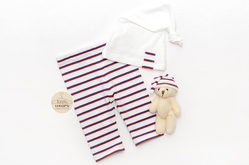 Red white /& blue striped pants with pure white sleepy cap Newborn pants with sleep hat Gender neutral newborn photography clothing set
