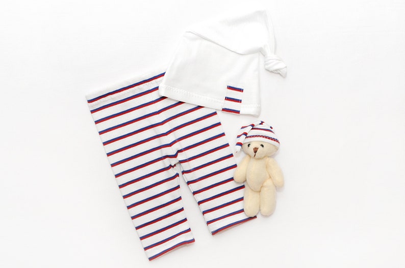 Red white /& blue striped pants with pure white sleepy cap Newborn pants with sleep hat Gender neutral newborn photography clothing set
