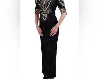 ALYCE DESIGN Vintage Silk Beaded Gown Gold Black Size 6 Maxi Sequined Formal