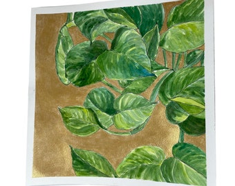 Gerahmte Malerei von Pflanzen,"Golden Pothos" Original Kunst,Muttertag Geschenk,Gold Akzent,Pflanzen Ästhetische Wandkunst,Boho Wanddekoration,Plant Mom