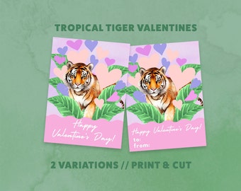 Printable Valentine Cards // Tropical Tiger // Gift Tags Party Printable Digital Download (PDF)