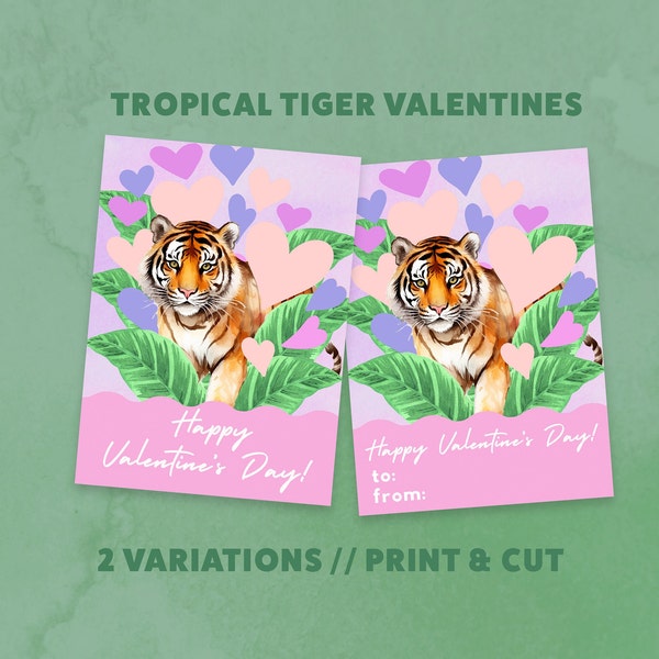 Printable Valentine Cards // Tropical Tiger // Gift Tags Party Printable Digital Download (PDF)