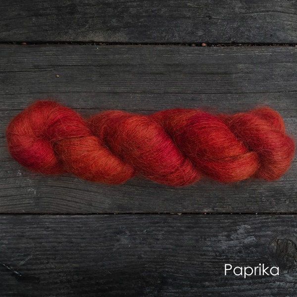 Hygge Hand-dyed Superkid Mohair/Silk. Color: Paprika