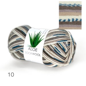 May include: A skein of Aloe Sockwool yarn in color #10, a multi-colored yarn with stripes of beige, brown, white, and blue. The yarn is wrapped around a label that says "Aloe Sockwool" and features a picture of an aloe plant.