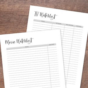TV & Movie Watchlist Sheets, Printable Movie Tracker, TV Tracker, Movie Bucket List, TV Show Printable, Must Watch Movies, Must Watch Shows