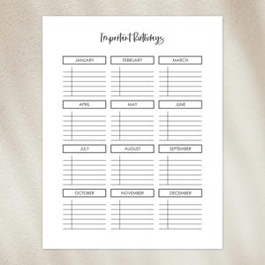 Birthday Calendar - Birthday Tracker, List of Birthdays, Instant Download, PDF
