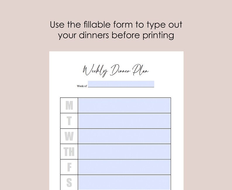 Weekly Meal Plan - Dinner Menu - Printable Planner - Instant Download ...