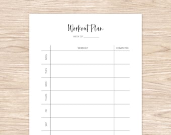 May include: A printable workout plan template with a black and white design. The template includes a section for the week of, workout, and completed. The days of the week are listed on the left side of the template: Monday, Tuesday, Wednesday, Thursday, Friday, Saturday.