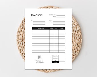 May include: A black and white printable invoice template with fields for invoice number, date, to, from, description, price, quantity, total, subtotal, shipping, tax, and total. The template also includes a thank you message.
