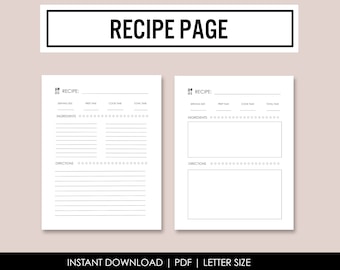 Recipe Page Printable - Recipe Template - Recipe Printout - Fillable PDF
