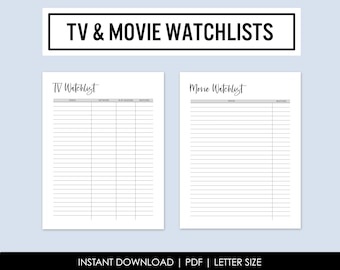 TV & Movie Watchlist Sheets, Printable Movie Tracker, TV Tracker, Movie Bucket List, TV Show Printable, Must Watch Movies, Must Watch Shows