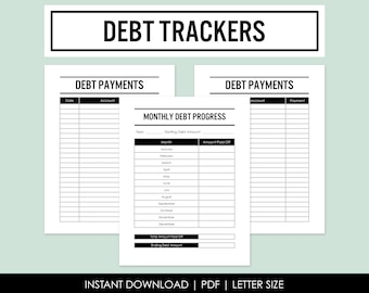 May include: Printable debt tracker with two pages. The first page is a debt payment tracker with columns for date, account, and payment. The second page is a monthly debt progress tracker with columns for month, amount paid off, and starting debt amount.