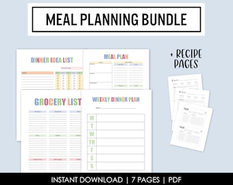 Puede incluir: Un paquete de planificación de comidas imprimible con siete páginas, que incluye una lista de ideas para la cena, una lista de la compra, un plan de comidas, un plan de cenas semanal y páginas de recetas. Las páginas están diseñadas con bordes y líneas de colores.