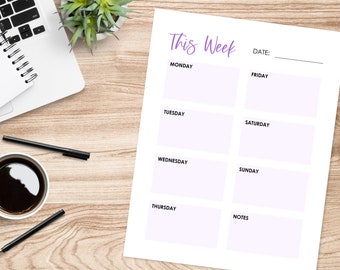 Weekly Planner Printable, Weekly Schedule, Weekly Calendar, Planner PDF, Planner Pages, Fillable Planner, Digital Planner, Days of the Week