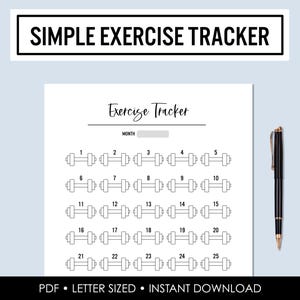May include: A printable exercise tracker with a dumbbell design. The tracker has a space to write the month and 25 numbered boxes to track workouts.