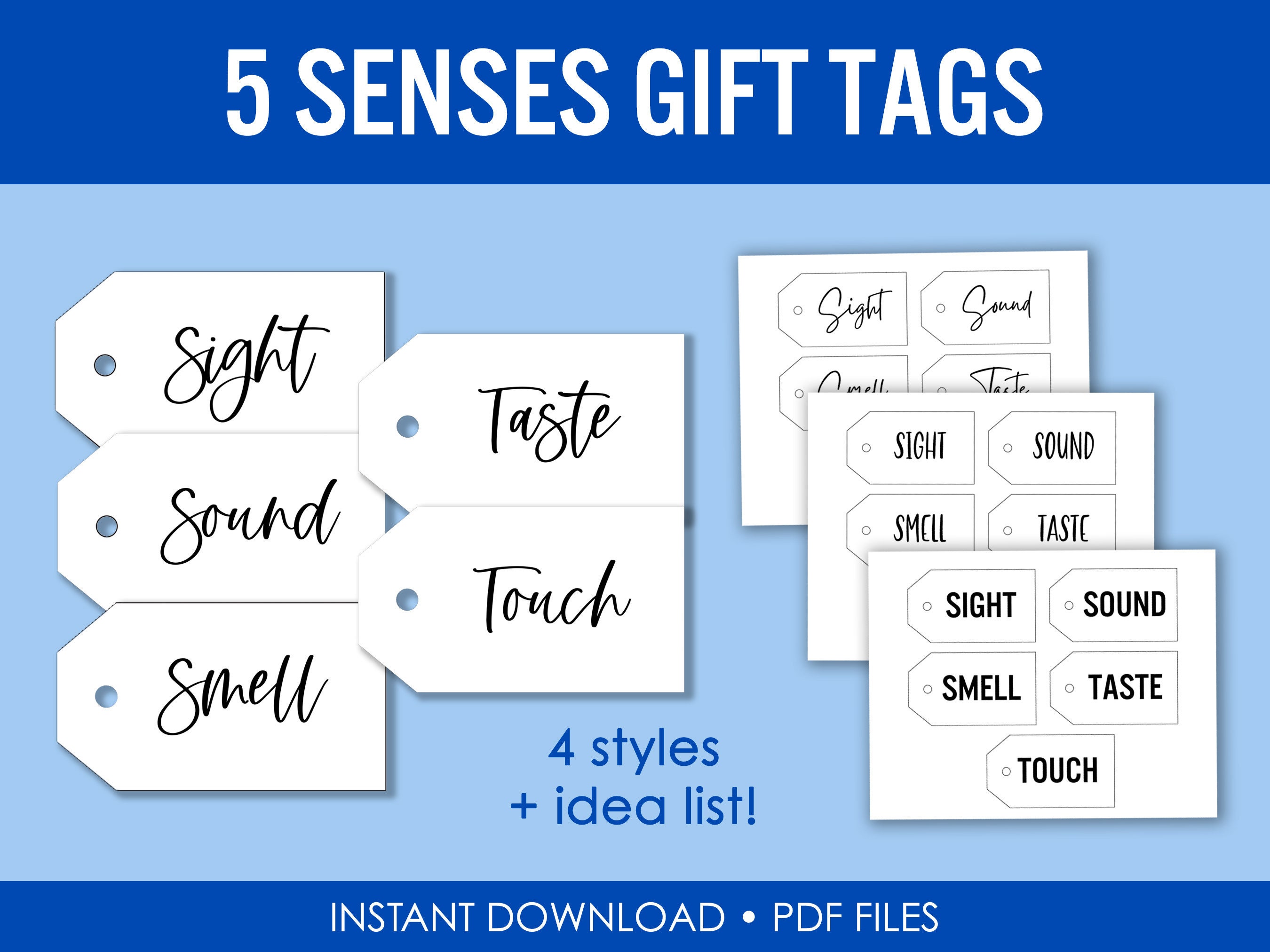 5 Senses Gift Tags & Idea List PDF Files Printables 