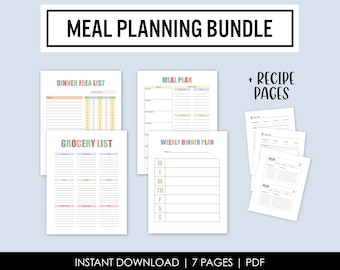 Meal Plan + Recipe Page Bundle, Dinner Planning, Weekly Meals, PDF, Instant Download