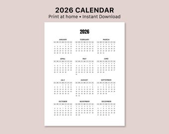 May include: A printable 2026 calendar in black and white. The calendar features a simple design with the year at the top and the months arranged in rows. The text "2026 CALENDAR" and "Print at home • Instant Download" are at the top.