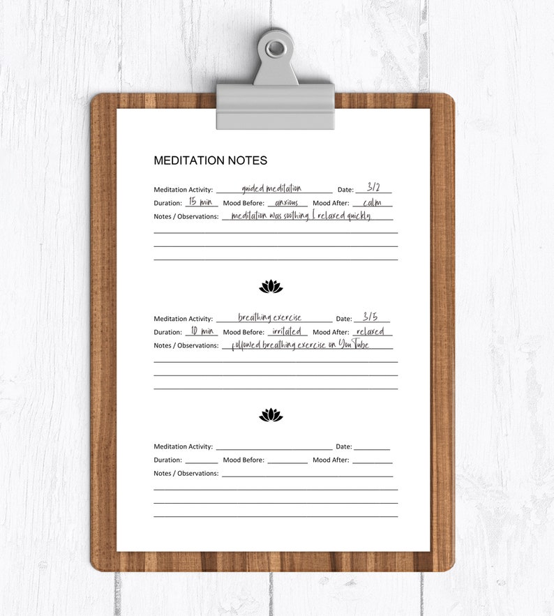 Meditation Worksheets Meditation Log 2 Page PDF Files Print at Home - Etsy