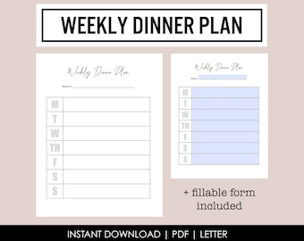 Weekly Meal Plan - Dinner Menu - Printable Planner - Instant Download - PDF - Fillable PDF