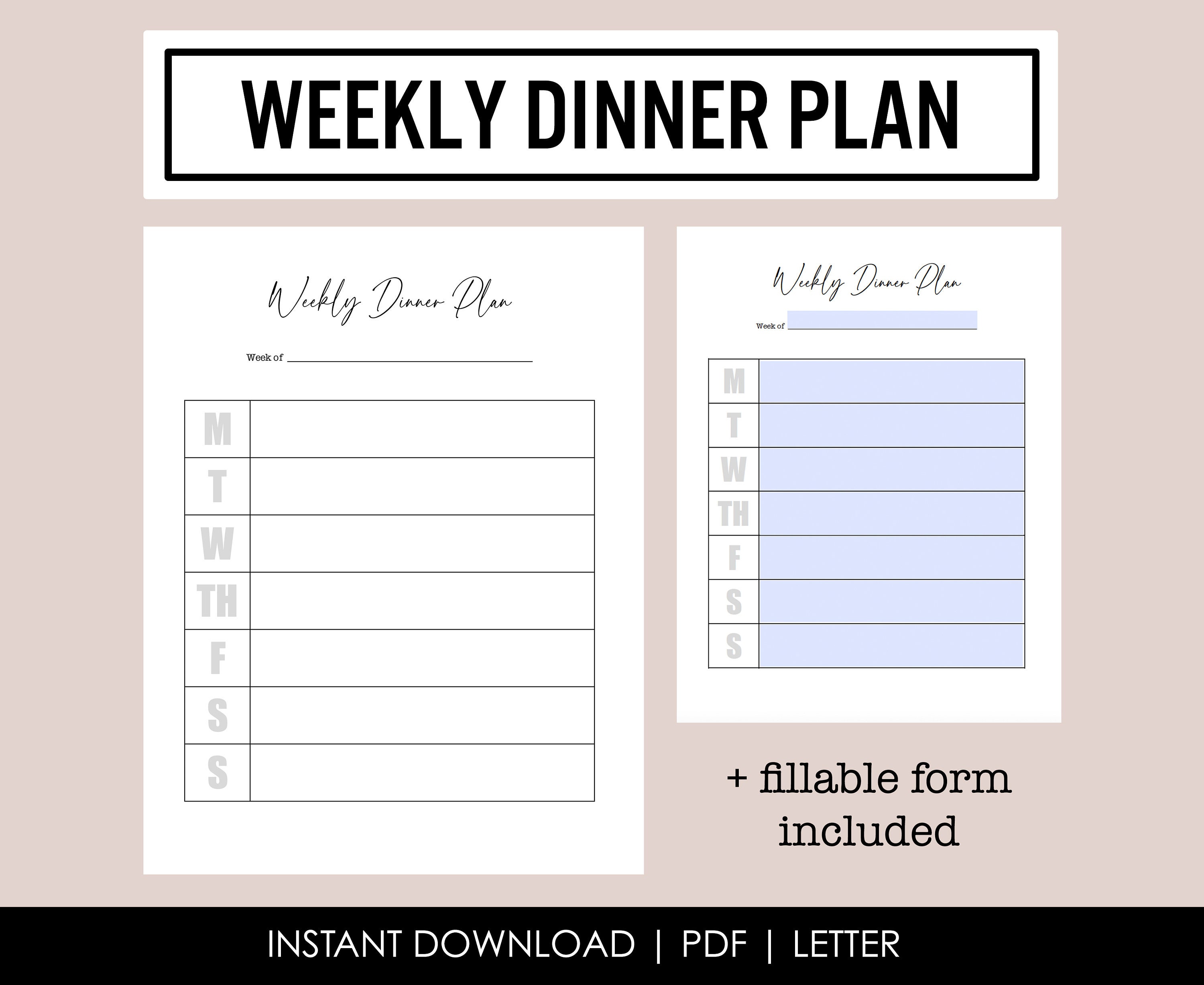Weekly Meal Plan Dinner Menu Printable Planner Instant Download PDF ...