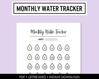 Maandelijkse watertracker, logboek wateropname, werkblad levensstijl, pdf, direct downloaden