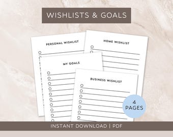 Pacchetto stampabile di liste dei desideri e obiettivi / Liste dei desideri aziendali, personali e per la casa + elenco degli obiettivi / PDF minimalista / Download immediato